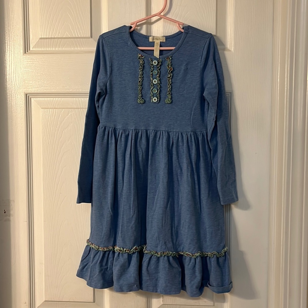 Matilda Jane size 6 ruffle dress. Blue with green ruffles.